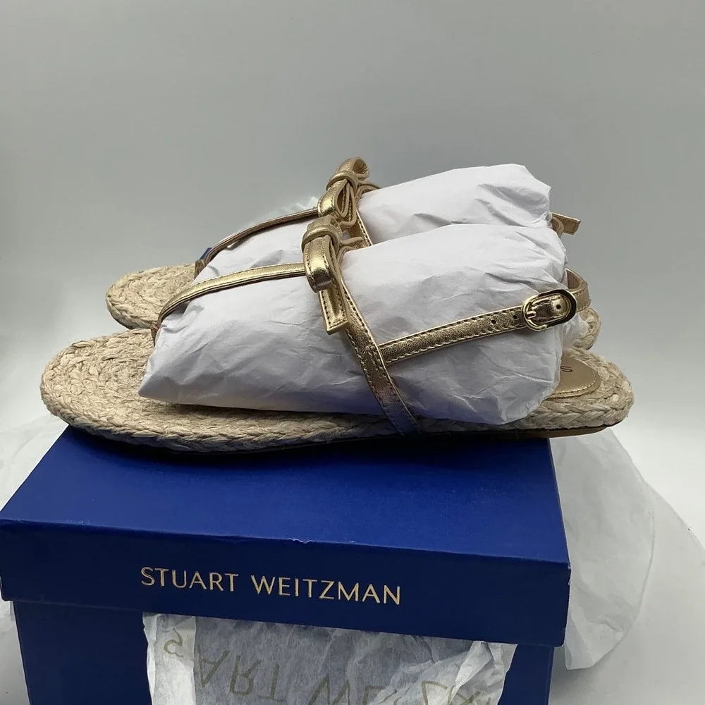 Stuart Weitzman Felicity Gold Metallic Leather Bow Espadrille‎ Sandals size 6